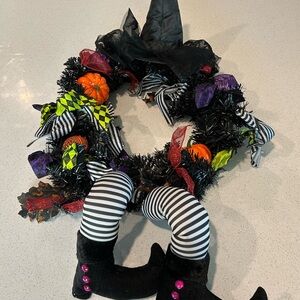 Skeleteen Happy Halloween Witch Wreath w\pumpkins,leaves, witch hat & witch legs